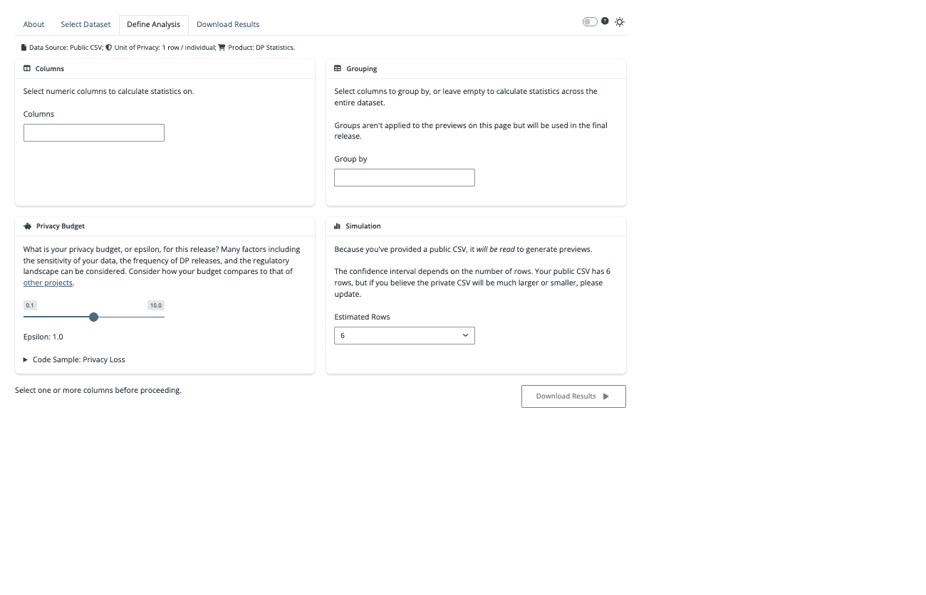 Screenshot with four panels: "Columns", "Grouping", "Privacy Budget", and "Simulation".