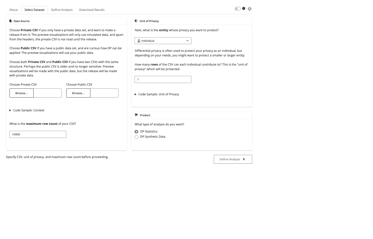 Screenshot with a "Data Source" panel on the left, and "Unit of Privacy" and "Product" on the right.
